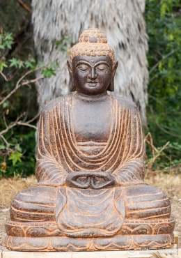 Buddha Garden Sculpture in Lava Stone with Full Robes and Dhyana Mudra, Indonesia 40" Buddha Garden Sculpture in Lava Stone with Full Robes and Dhyana Mudra, Indonesia 40"
