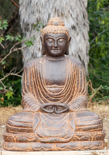 Buddha Garden Sculpture in Lava Stone with Full Robes and Dhyana Mudra, Indonesia 40"