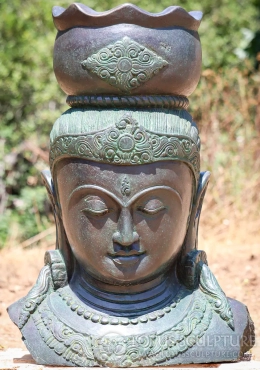 Devi Bust Garden Sculpture with Water Vessel on Head in Green-Hued Lava Stone 32"