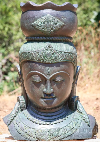 Devi Bust Garden Sculpture with Water Vessel on Head in Green-Hued Lava Stone 32"