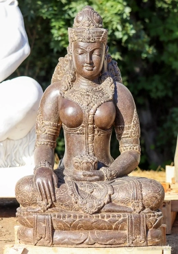 Devi Tara Garden Statue Saffron Lava Stone in Earth Touching Mudra Seated Pose, Indonesia 37" Devi Tara Garden Statue Saffron Lava Stone in Earth Touching Mudra Seated Pose, Indonesia 37"