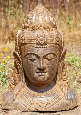 Devi Bust Sculpture in Saffron Lava Stone with Crown and Earrings, Hand-Carved 23" Devi Bust Sculpture in Saffron Lava Stone with Crown and Earrings, Hand-Carved 23"