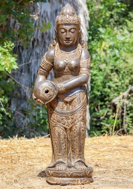 Devi Saffron Lava Stone Fountain Sculpture Holding Water Vessel Standing on Lotus 51" Devi Saffron Lava Stone Fountain Sculpture Holding Water Vessel Standing on Lotus 51"