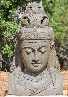 Devi Tara Green Lava Stone Bust Sculpture with Ornate Crown and Peaceful Expression 42" Devi Tara Green Lava Stone Bust Sculpture with Ornate Crown and Peaceful Expression 42"