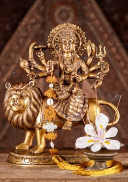 Durga Brass Statue Abhaya Mudra Seated in Lalitasana with Eight Arms on Lion Vahana 15"
