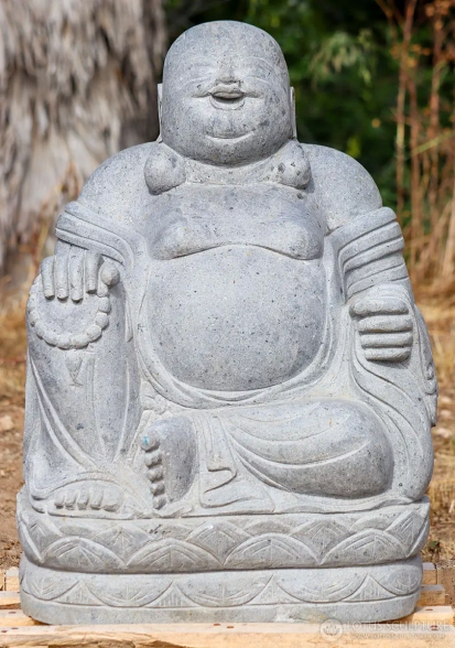 Happy Buddha of Wealth Statue in Lava Stone Seated with Mala and Robes, Indonesia 31"