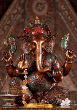 Brass Ganesh Statue in Abhaya Mudra with Trident Tilak & Colored Stones 20" Brass Ganesh Statue in Abhaya Mudra with Trident Tilak & Colored Stones 20"