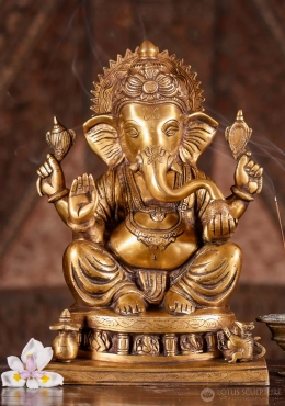 Ganesh Brass Statue Seated in Abhaya Mudra with Ball of Sweets and Mooshika 14"
