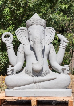 Ganesh Statue Cambodian Sandstone with Right Curved Trunk, Conch, Chakra, Tusk, and Water Vessel 40"