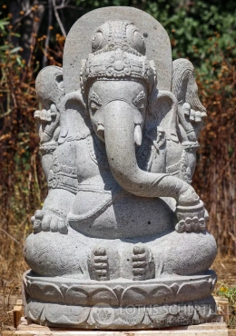 Ganesh Lava Stone Statue Seated with Feet Together and Mahakala Back Panel, Indonesia 34"