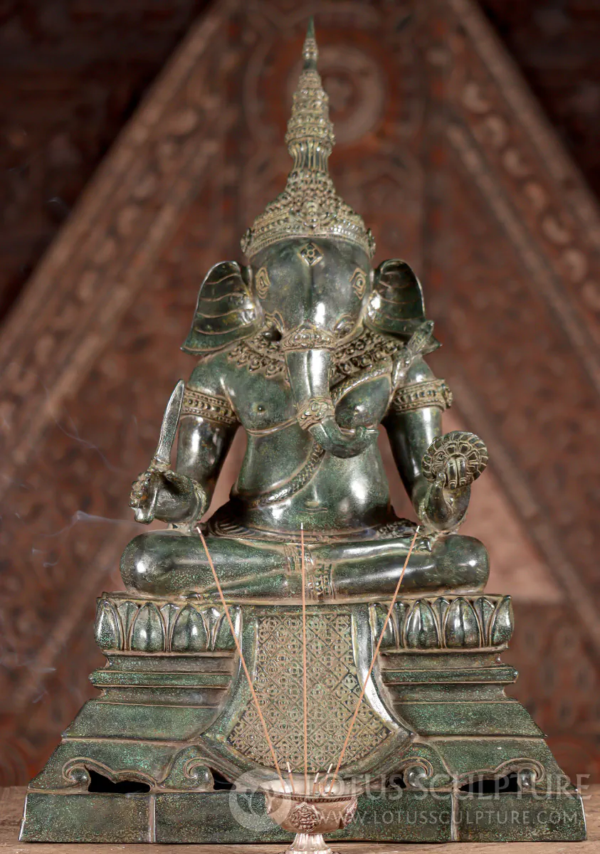 Seated Ganesha Statue, Cambodian Bronze, Antique Green, Triple-Tiered Throne 23.5"