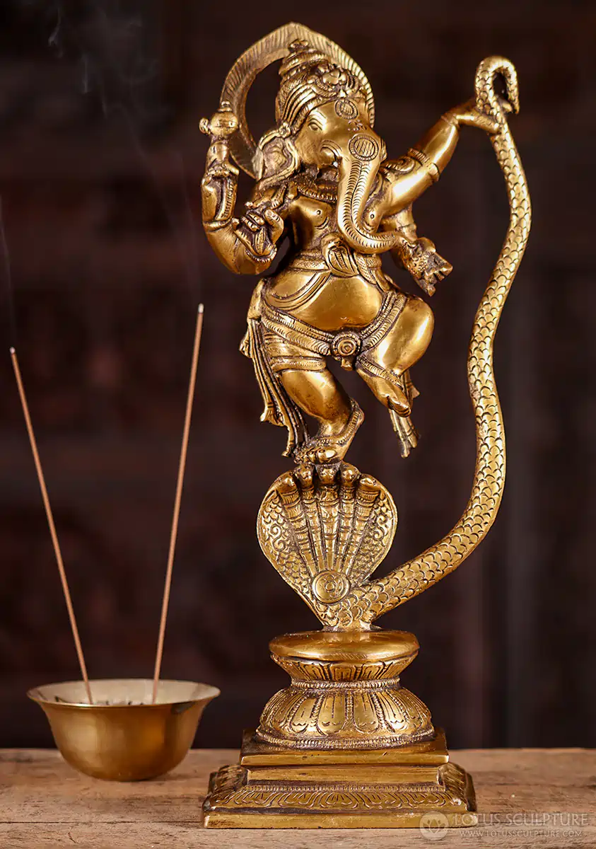 Ganesh Statue Dancing on Kalinga, the Five-Headed Serpent Hindu God Made in India 12"