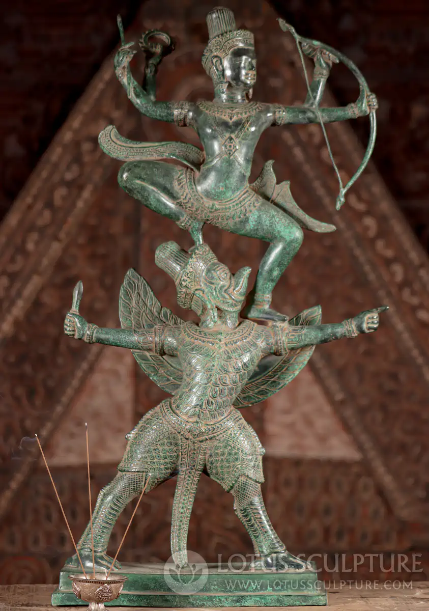 Bronze Rama Statue Shooting a Bow & Arrow on the Back of Garuda Holding a Knife 30"