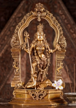 Kali Brass Statue Standing on Shiva with Trishula and Arch, Hindu Goddess Sculpture 21"