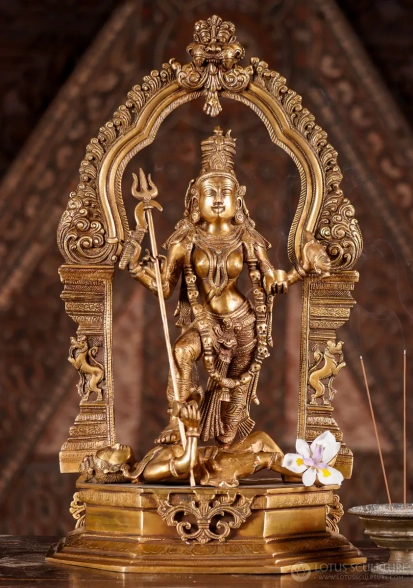 Kali Brass Statue Standing on Shiva with Trishula and Arch, Hindu Goddess Sculpture 21"