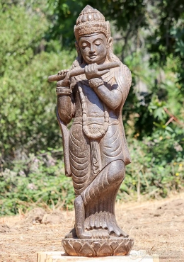 Krishna Saffron Lava Stone Sculpture Playing Flute Standing on Lotus Base, Indonesia 51" Krishna Saffron Lava Stone Sculpture Playing Flute Standing on Lotus Base, Indonesia 51"