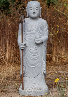 Ksitigarbha Jizo Standing Garden Statue with Staff and Pearl, Natural Carved Lava Stone 37" Ksitigarbha Jizo Standing Garden Statue with Staff and Pearl, Natural Carved Lava Stone 37"
