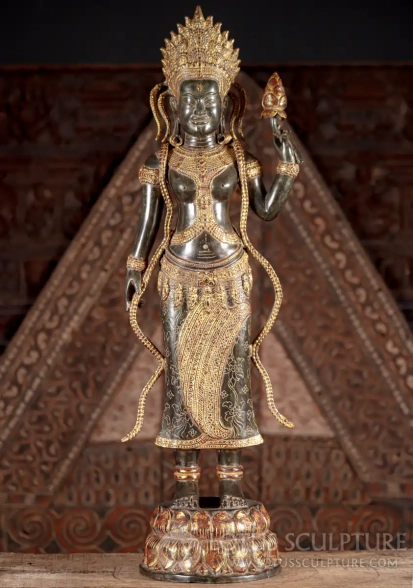 Apsara Celestial Angel Statue in Green and Gold Cambodian Bronze Holding Lotus Blossom 35"