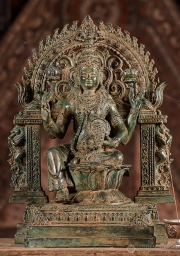 Lakshmi Brass Sculpture Granting Boons in Lotus Throne with Arch, Indonesia 17.5 Lakshmi Brass Sculpture Granting Boons in Lotus Throne with Arch, Indonesia 17.5