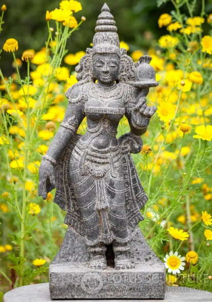 Parvati Black Granite Standing Sculpture Holding Lotus Flower in Left Hand 22.5"