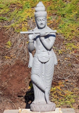 Krishna Playing Flute Sculpture 7 Foot Hand Carved Black Granite Standing on Lotus Base, India