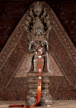 Naga Queen Cambodian Bronze Sculpture with Lotus Flower and Serpent Hood 35" Naga Queen Cambodian Bronze Sculpture with Lotus Flower and Serpent Hood 35"