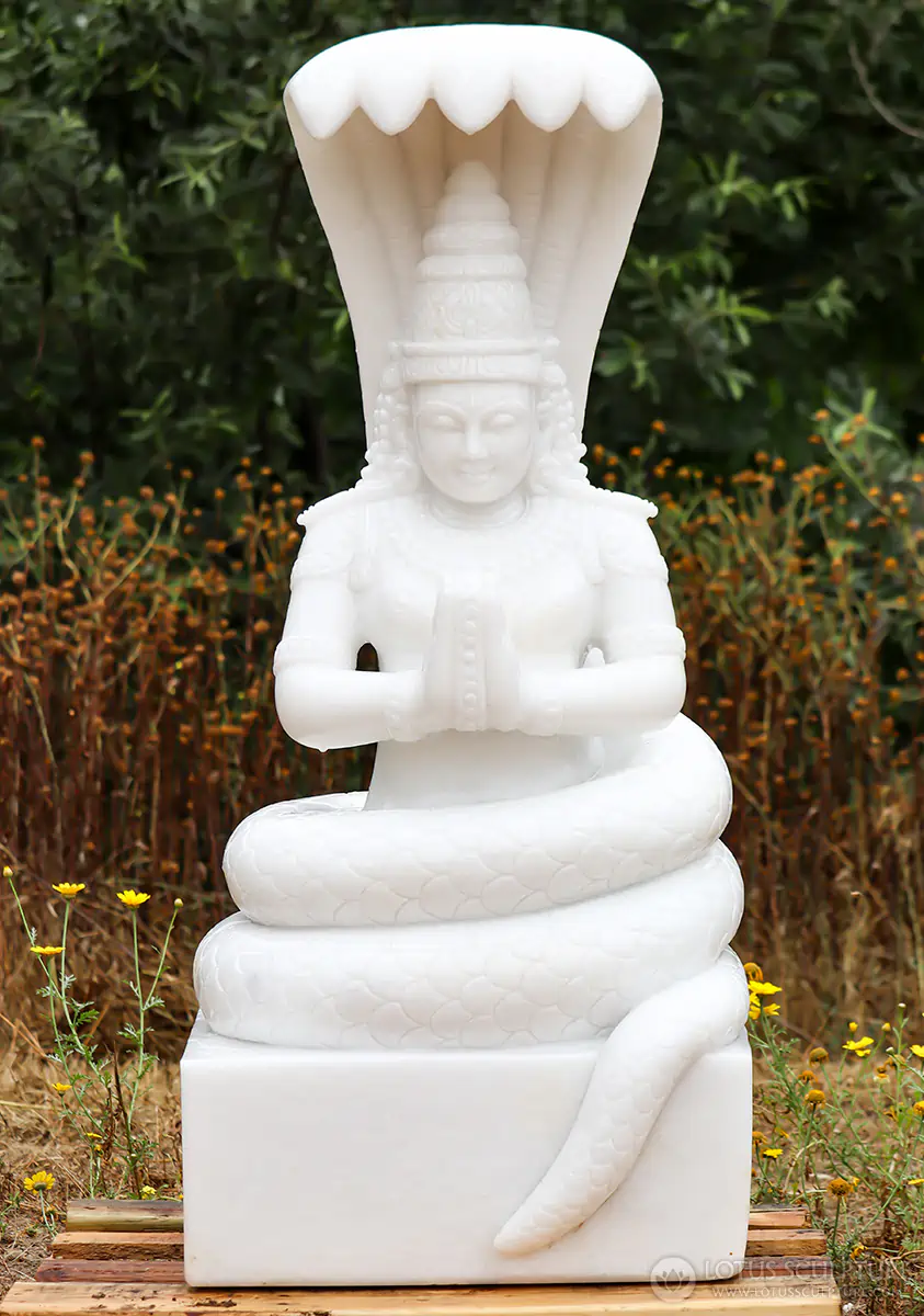 Patanjali White Marble Garden Sculpture in Namaste with Serpent Hood Canopy 47"