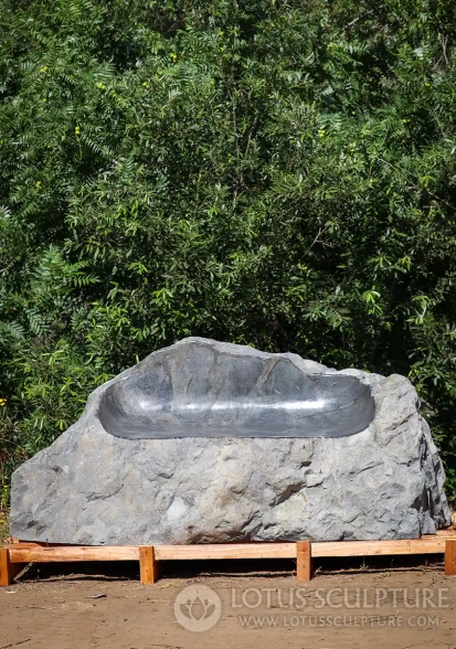 River Stone Boulder Bench Sculpture with Polished Seat & Natural Cut Stone 80"