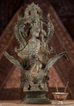 Saraswati Brass Sculpture Riding Swan with Veena and Sacred Symbols, Indonesia 18" Saraswati Brass Sculpture Riding Swan with Veena and Sacred Symbols, Indonesia 18"