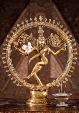 Shiva Nataraja Brass Statue in Cosmic Dance Over Apasmara with Ring of Fire, India 19.5"