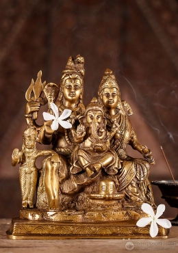 Shiva Parivar Brass Statue Hindu Family with Parvati, Ganesha, Murugan & Nandi 10"