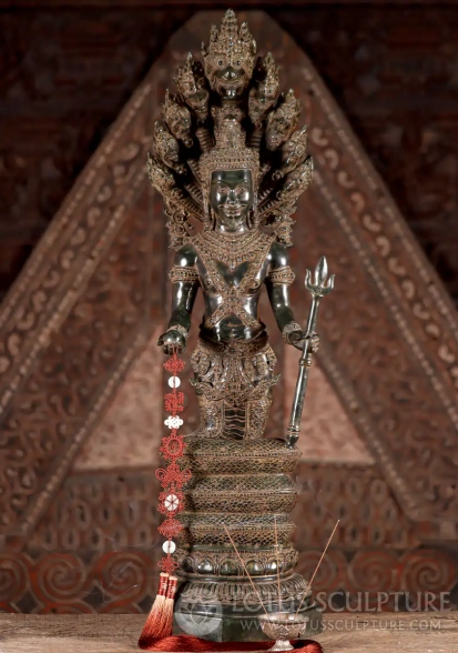Naga King Cambodian Bronze Sculpture with Multi-Headed Serpent and Trident 35"