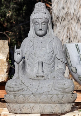Kwan Yin Lava Stone Garden Sculpture with Vase, Seated Pose from Indonesia 41"