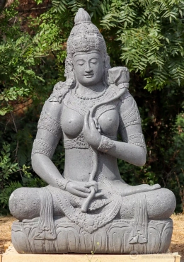 Tara Devi Lava Stone Statue Seated with Lotus Flower, Indonesian Garden Goddess Sculpture 62"