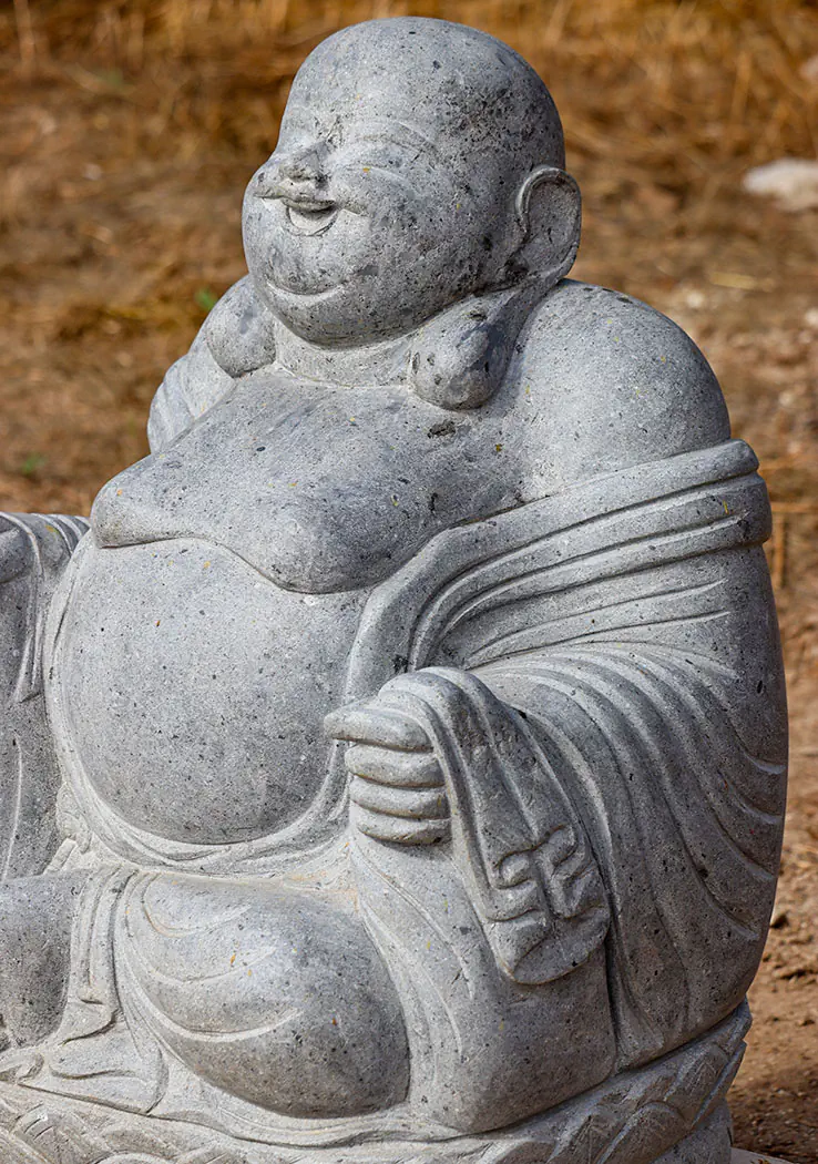 Happy Buddha of Wealth Statue in Lava Stone Seated with Mala and Robes, Indonesia 31"