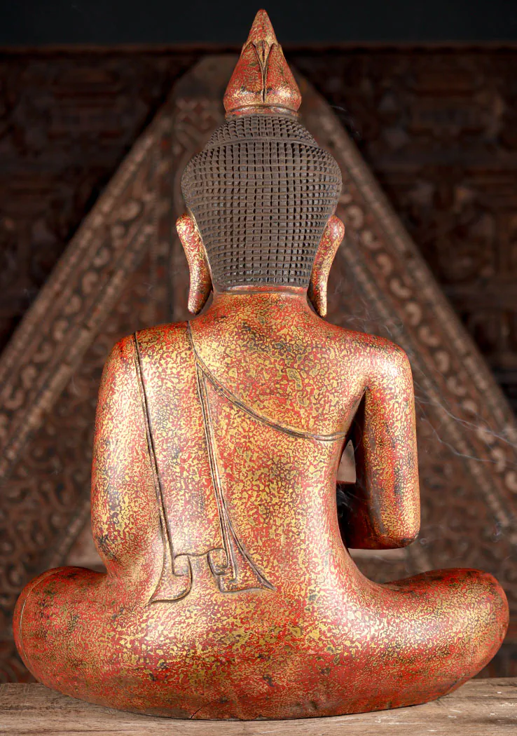 Buddha Wood Sculpture in Red and Gold, Teaching Mudra in Full Lotus from Cambodia 28"