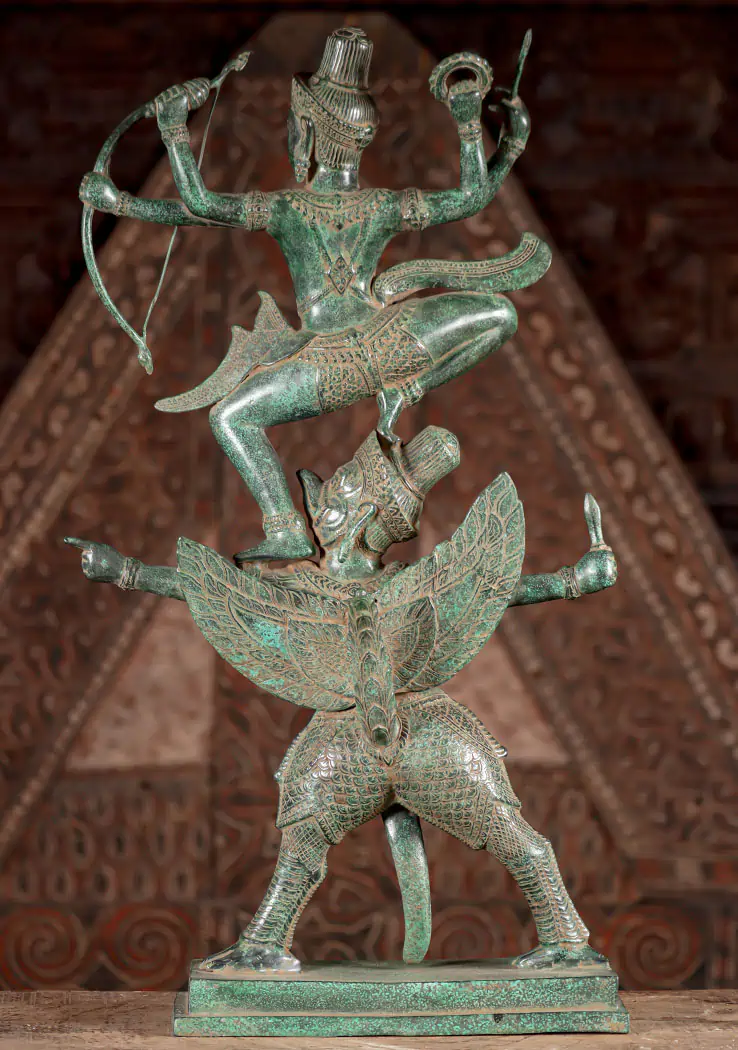 Bronze Rama Statue Shooting a Bow & Arrow on the Back of Garuda Holding a Knife 30"