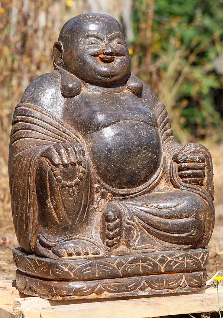 Happy Buddha Saffron Stone Statue Seated with Mala Beads and Joyful Smile 23"