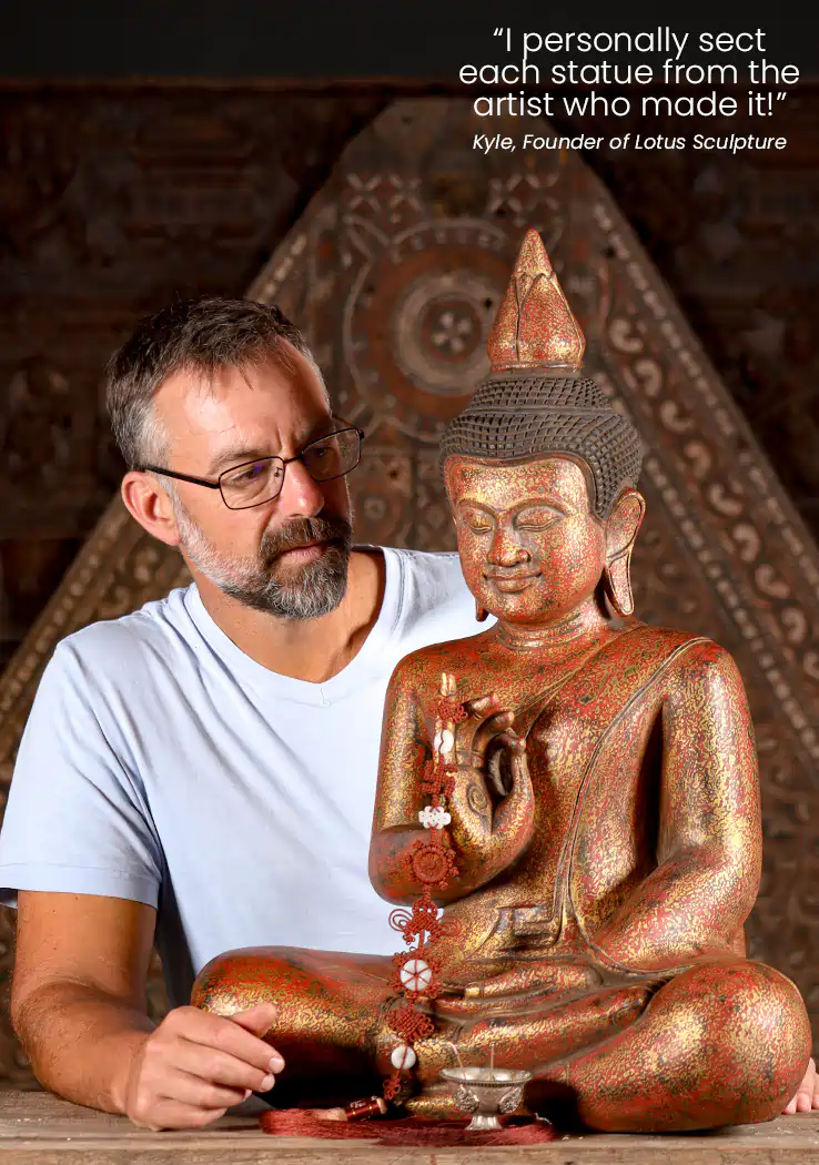Buddha Wood Sculpture in Red and Gold, Teaching Mudra in Full Lotus from Cambodia 28"