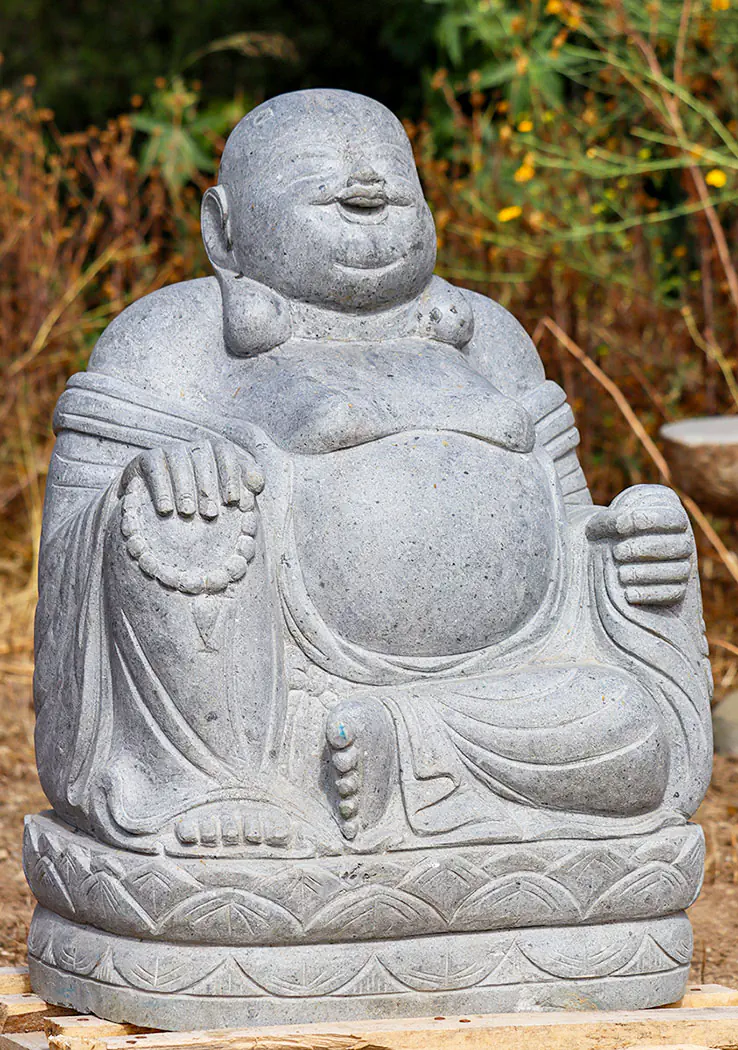 Happy Buddha of Wealth Statue in Lava Stone Seated with Mala and Robes, Indonesia 31"