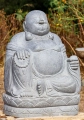 Happy Buddha of Wealth Statue in Lava Stone Seated with Mala and Robes, Indonesia 31"