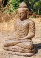 Buddha Saffron Stone Sculpture Meditating in Dhyana Mudra Carved in Indonesia 26"