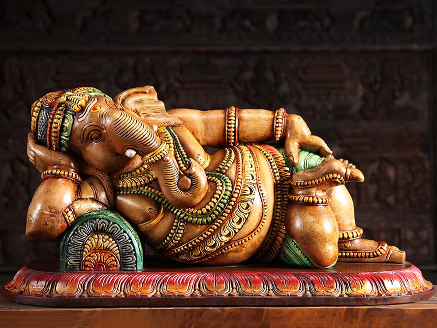 SOLD Wooden Reclining Ganesha Statue 35" (#98w15a): Hindu Gods & Buddha Statues