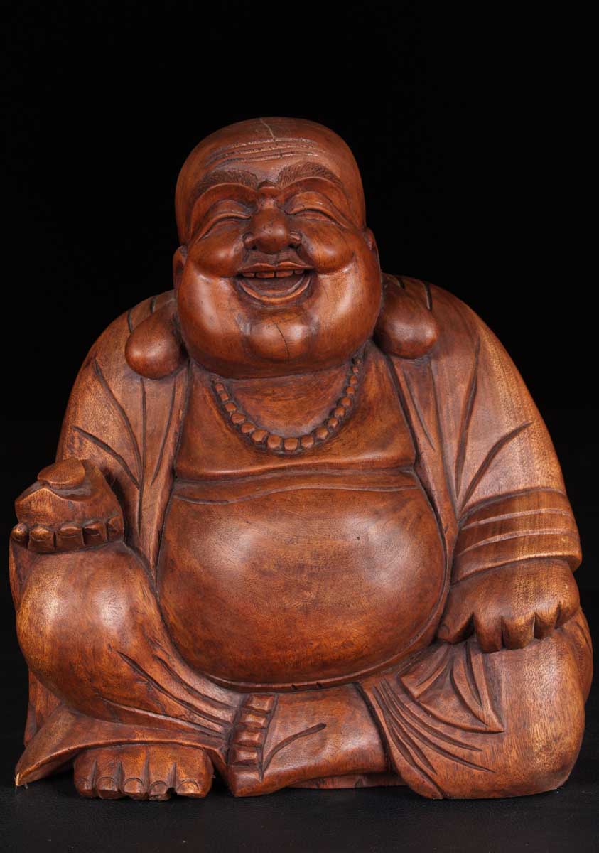Wood Laughing Buddha Statue 16"