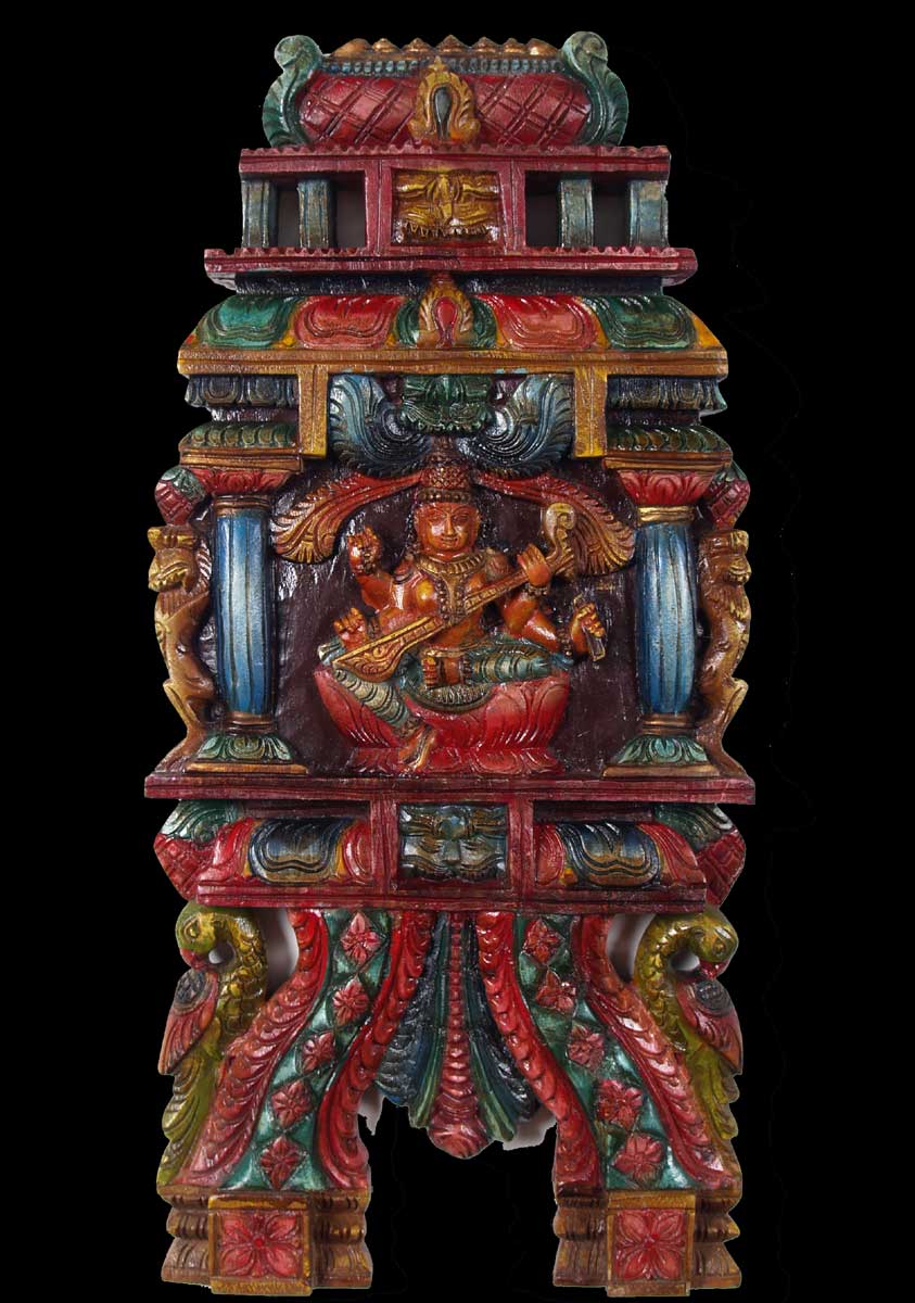 Wood Saraswati Kavadi Wall Panel 24"