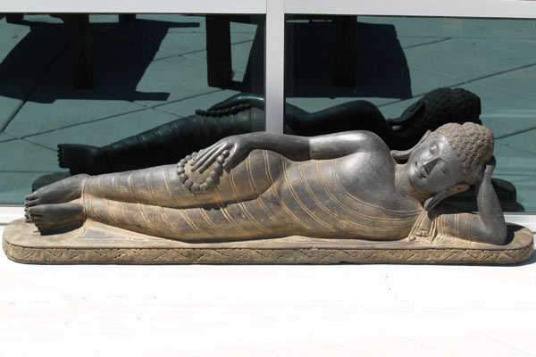 Reclining Lava Stone Buddha Statue Holding Malas 60"