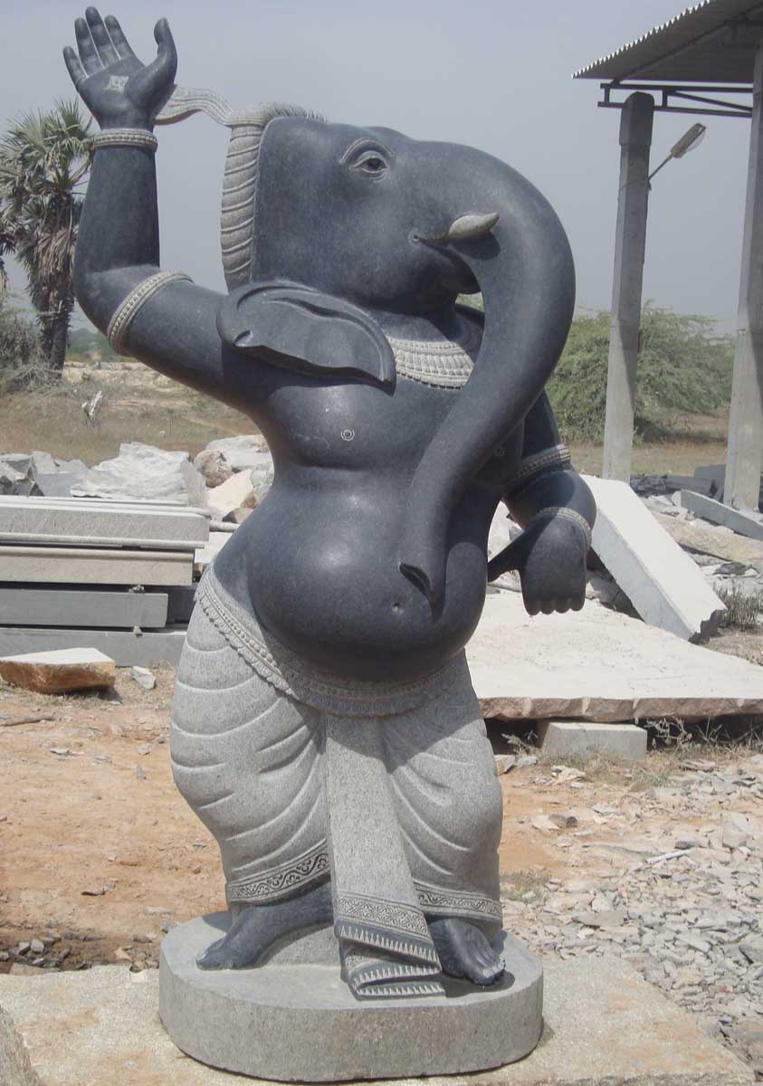 Stone Hand Carved Indian Black Granite Dancing Garden Ganesh Statue 68"