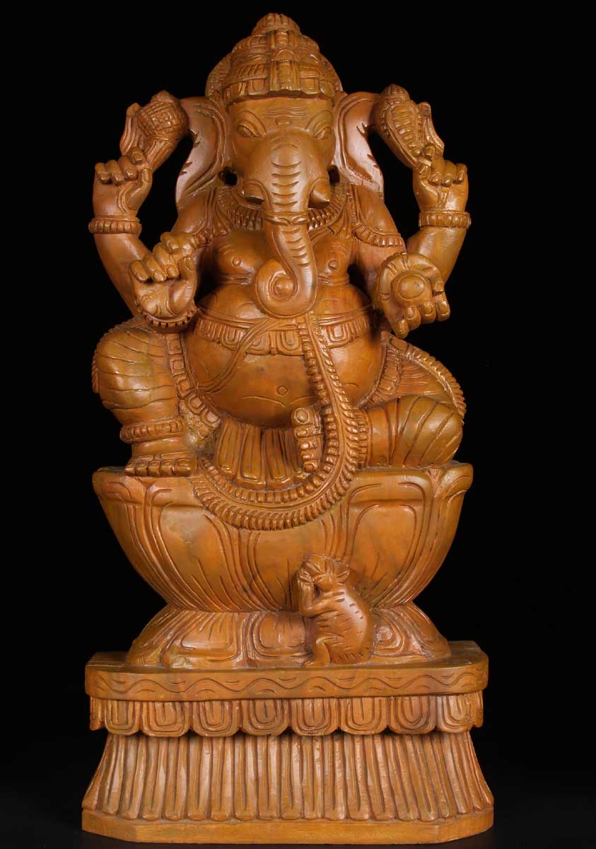 Wooden Seated Ganesh Statue 24"