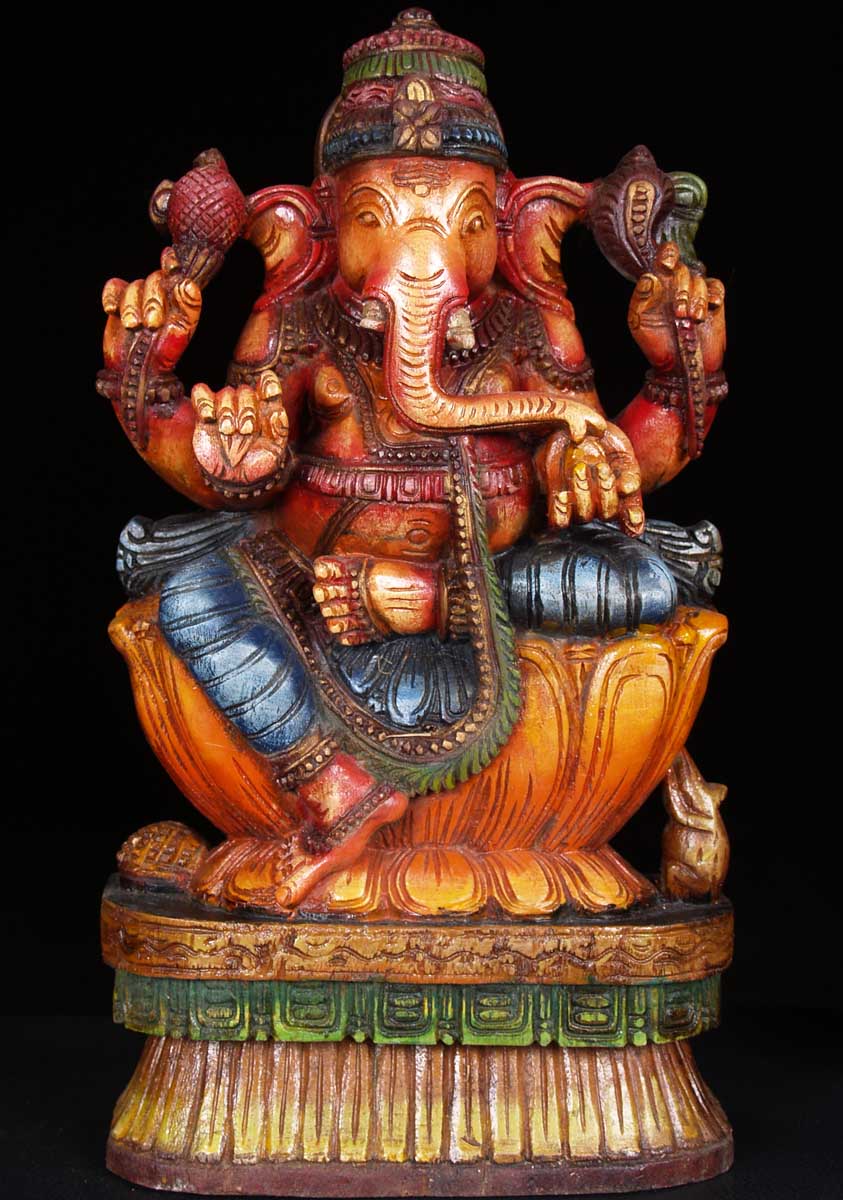 Ganapati Wood Statue with Rat 18"
