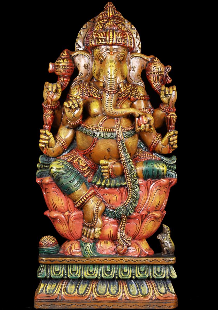 Seated Ganesh OM Wooden Statue 36"